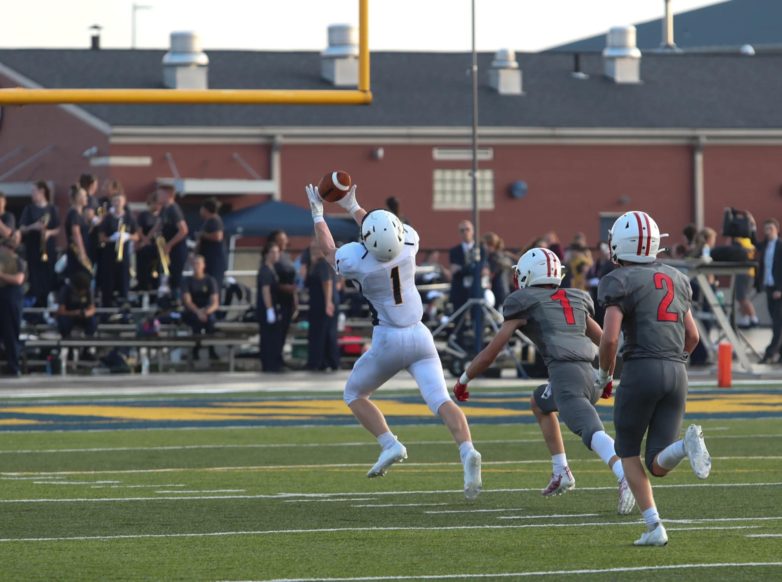 football player jumping to catch the ball during a game