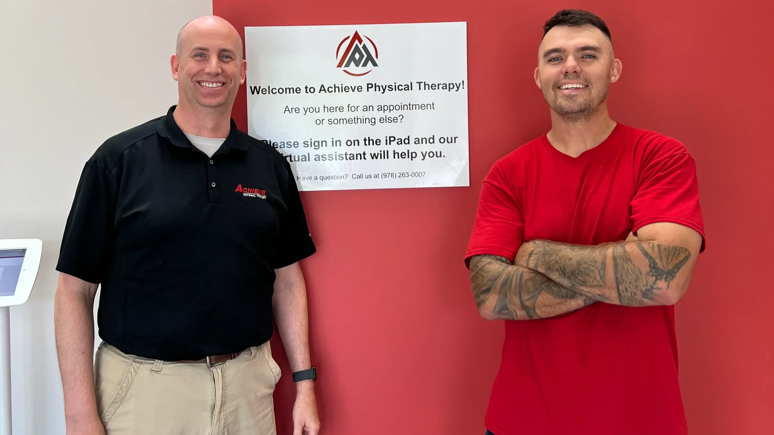Luke F and Erik H smiling together after a successful physical therapy program